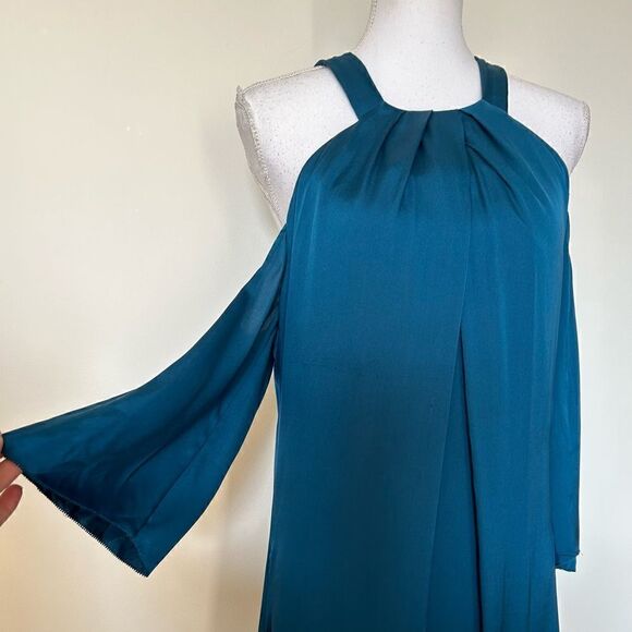 Trina Turk Spirit Silk Teal Blue Halter Cold Shoulder Mini Dress Size Small - Picture 3 of 9